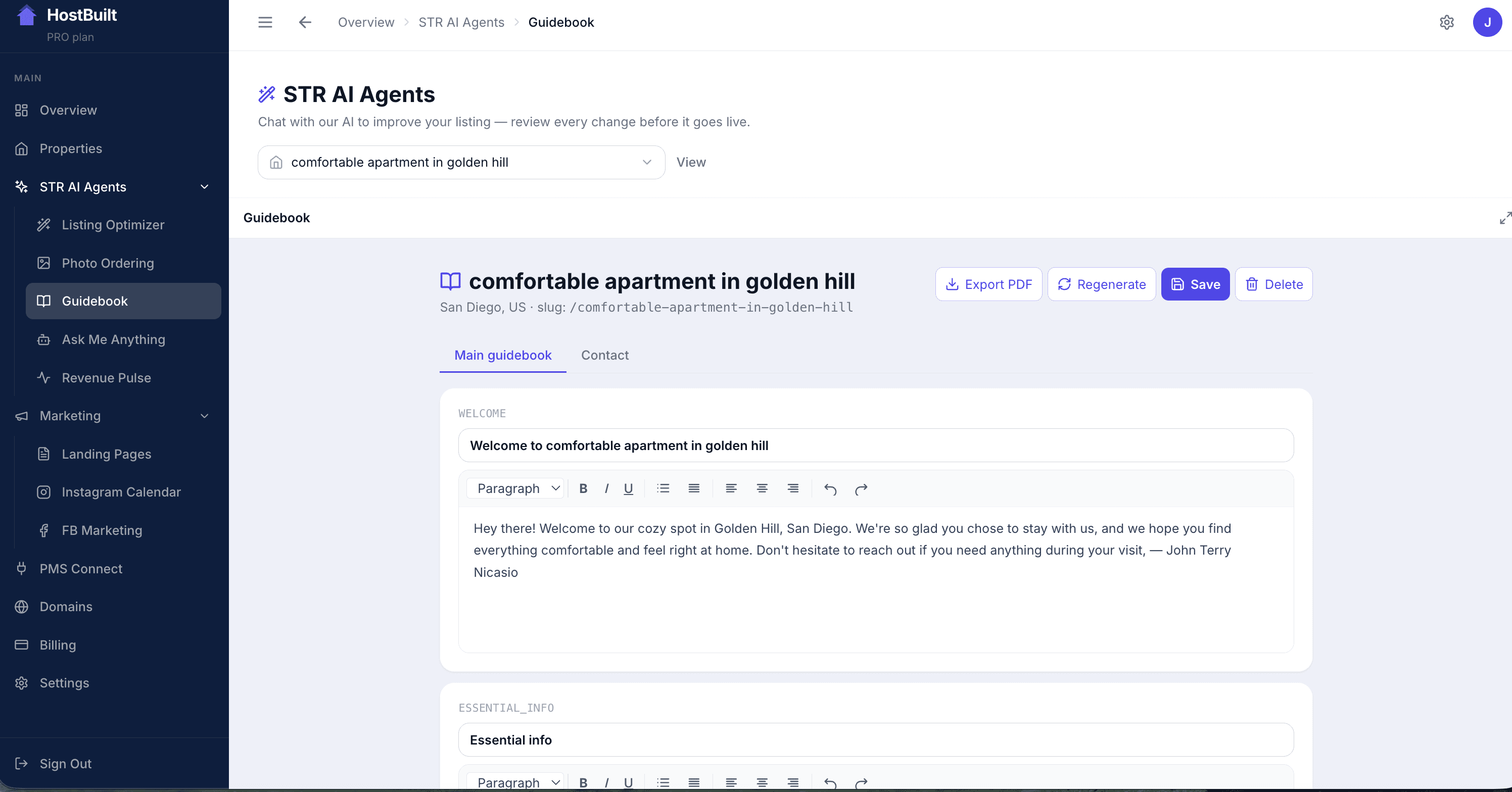 HostBuilt portfolio analytics dashboard with revenue and occupancy KPIs